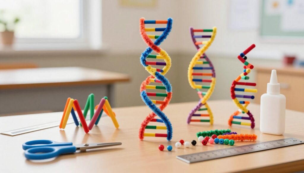 A vibrant and detailed arrangement of materials for building a DNA model, featuring colorful pasta sticks as the backbone, vibrant chenille stems for the base pairs, and an assortment of beads representing nucleotides. In the foreground, showcase a neatly organized workspace with scissors, glue, and a ruler for precise measurements. The middle section should depict the partially assembled DNA model, highlighting the spiral structure and connections between the components. The background offers a blurred glimpse of a classroom setting with soft, natural lighting filtering in through a window, creating a warm and inviting atmosphere. The image should evoke a sense of creativity and educational exploration, inviting viewers to engage with the process of constructing a DNA model. A vibrant and detailed arrangement of materials for building a DNA model, featuring colorful pasta sticks as the backbone, vibrant chenille stems for the base pairs, and an assortment of beads representing nucleotides. In the foreground, showcase a neatly organized workspace with scissors, glue, and a ruler for precise measurements. The middle section should depict the partially assembled DNA model, highlighting the spiral structure and connections between the components. The background offers a blurred glimpse of a classroom setting with soft, natural lighting filtering in through a window, creating a warm and inviting atmosphere. The image should evoke a sense of creativity and educational exploration, inviting viewers to engage with the process of constructing a DNA model.