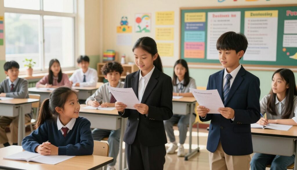 A vibrant classroom scene featuring a diverse group of students engaged in a friendly competition, surrounded by educational materials related to recitation and spelling. In the foreground, two students—one girl and one boy—stand confidently presenting their recitations, dressed in professional business attire. The middle ground showcases a bulletin board filled with colorful posters listing various competition themes and rules, while other students observe with curiosity and enthusiasm. In the background, cheerful classroom decorations enhance the atmosphere. Soft, natural light streams through the windows, casting a warm glow on the scene. The overall mood is inspiring, fostering a sense of excitement and camaraderie among young learners participating in school competitions.
