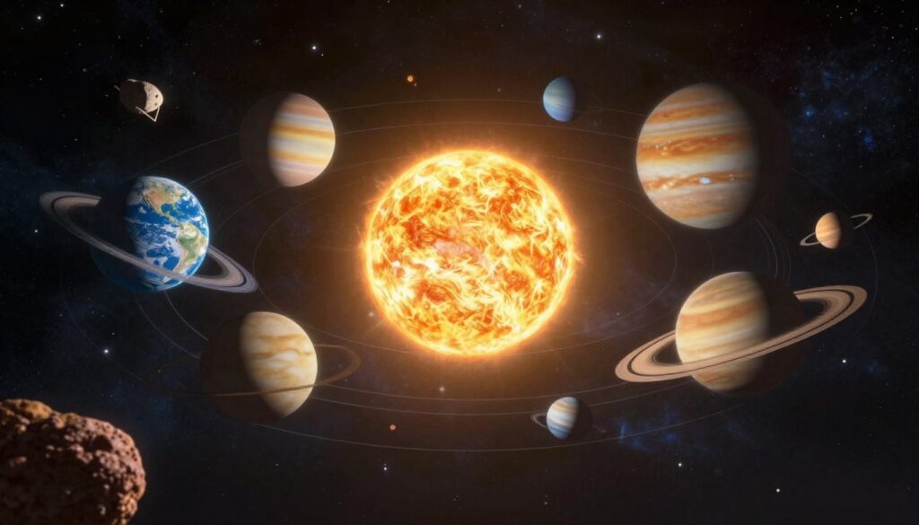 A vibrant illustration of the solar system, focused on the Sun at the center, radiating a warm golden light. Surrounding the Sun, depict eight planets in their distinct orbits, showcasing a variety of colors and textures. Mercury, Venus, Earth, Mars, Jupiter, Saturn, Uranus, and Neptune should be represented with their unique characteristics, such as Earth's blue oceans and Saturn's prominent rings. The foreground features asteroids and comets subtly illuminated by sunlight. In the background, add a starry sky with twinkling stars, emphasizing the vastness of space. The scene should evoke a sense of wonder and exploration, with soft shadows and bright highlights that enhance the celestial atmosphere. Use a slightly tilted perspective to create depth, making the viewer feel immersed in this cosmic dance.