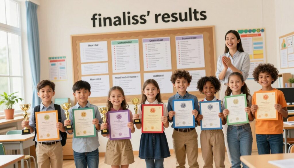 A vibrant image illustrating the concept of "finalists' results," featuring a diverse group of young students (ages 7-9) celebrating their achievements. In the foreground, a small, cheerful group of children holds colorful certificates and trophies, dressed in smart casual clothing. The middle ground features a large bulletin board displaying various awards and results in an organized, readable format. In the background, an enthusiastic teacher stands, clapping with pride, amid a bright classroom filled with educational posters and decorations. Soft, warm lighting pours in from large windows, creating an uplifting and encouraging atmosphere. Capture this scene with a slight tilt angle for added dynamism, showcasing the joy of achievement in education.