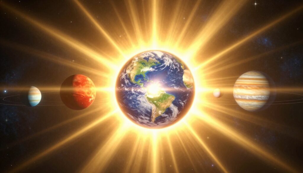 A vibrant, radiant sun dominates the image, depicted in the foreground with bright, golden rays extending outward, illuminating the scene with a warm glow. In the middle ground, a picturesque view of the solar system unfolds, showcasing colorful planets in a harmonious arrangement, such as Earth with its blue oceans and green landmasses, Mars with its reddish hue, and Jupiter with its swirling clouds. The background features a deep, star-filled cosmos, enhancing the contrast against the sun's brilliance. Soft lens flares suggest a magical, warm atmosphere, emphasizing the sun as the central star and source of energy. The overall mood is inspiring and educational, perfect for capturing the wonder of our solar system.