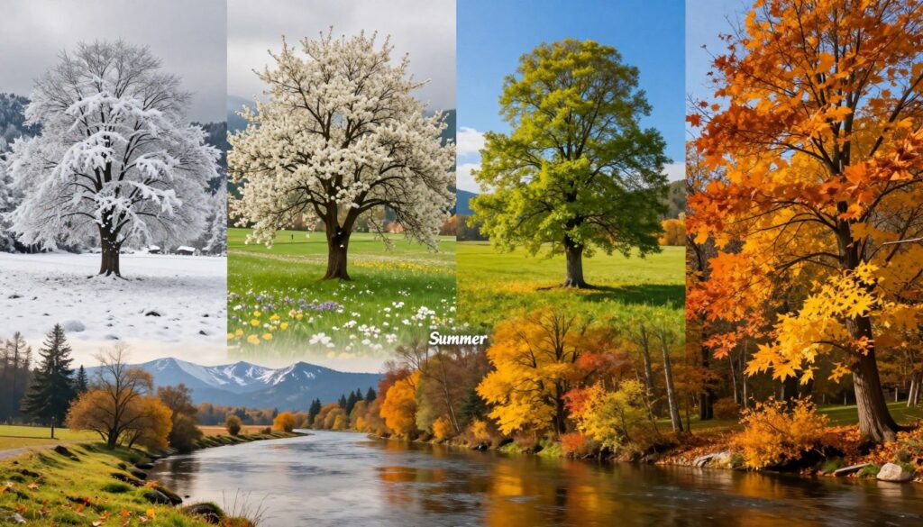 A visual representation of seasonal temperature changes in Poland, featuring a picturesque landscape divided into four distinct sections, each illustrating a different season: winter with snow-covered trees and a soft gray sky, spring with blooming flowers and vibrant green grass, summer with a bright blue sky and lush foliage, and autumn with falling leaves in warm hues of orange and yellow. In the foreground, a gentle river reflects the seasonal changes, while a distant horizon showcases the Tatra Mountains. The lighting should depict warm sunlight filtering through the trees in spring and autumn, creating a tranquil atmosphere. The scene should evoke a sense of nature's rhythm and the beauty of Poland’s climate, captured in high resolution with a wide-angle lens to encompass the entire landscape.
