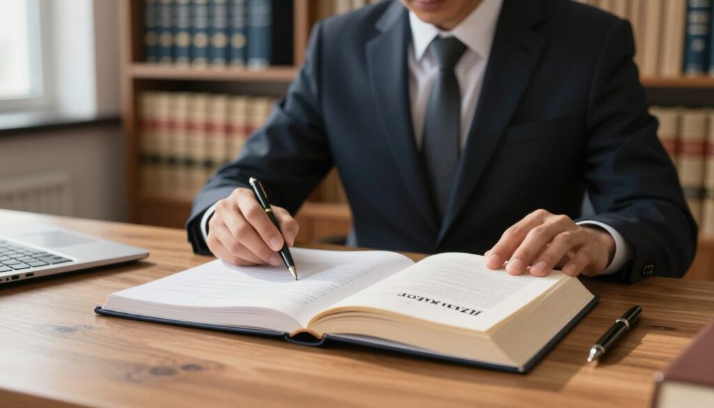A visually compelling representation of the "Kodeks Pracy" situated in a modern office environment. In the foreground, a polished wooden desk is adorned with an open law book titled "Kodeks Pracy," elegantly displayed alongside legal documents and a sleek pen. The middle ground features a professional-looking individual in business attire, thoughtfully reviewing the documents, with a focused expression that conveys diligence and professionalism. In the background, softly blurred shelves lined with law books and legal resources create a scholarly atmosphere. The lighting is warm and inviting, with soft light filtering through a nearby window, casting gentle shadows. Overall, the image evokes a sense of seriousness and respect for legal knowledge within an educational context. A visually compelling representation of the "Kodeks Pracy" situated in a modern office environment. In the foreground, a polished wooden desk is adorned with an open law book titled "Kodeks Pracy," elegantly displayed alongside legal documents and a sleek pen. The middle ground features a professional-looking individual in business attire, thoughtfully reviewing the documents, with a focused expression that conveys diligence and professionalism. In the background, softly blurred shelves lined with law books and legal resources create a scholarly atmosphere. The lighting is warm and inviting, with soft light filtering through a nearby window, casting gentle shadows. Overall, the image evokes a sense of seriousness and respect for legal knowledge within an educational context.