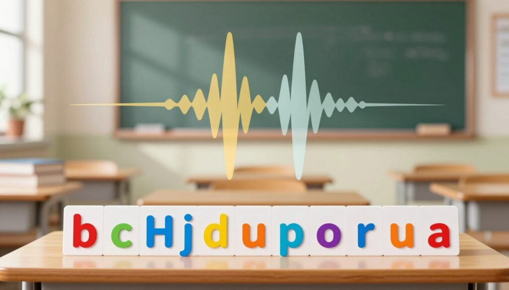 A visually engaging representation of phonemic distinctions, focusing on voiced and voiceless sounds. In the foreground, a colorful, neatly arranged display of letters and phoneme symbols, showcasing contrasting examples like "b" and "p". In the middle ground, a stylized diagram illustrating sound waves emitted from vocal cords, with highlighted differences between voiced (vibrating) and voiceless (non-vibrating) sounds. The background features a softly blurred classroom setting, with educational elements like books and a chalkboard, creating a scholarly atmosphere. Natural lighting filters in from a window, casting gentle shadows, enhancing the focus on the phoneme display. The overall mood is informative and inviting, aimed at engaging readers in the foundational concepts of sounds and letters.