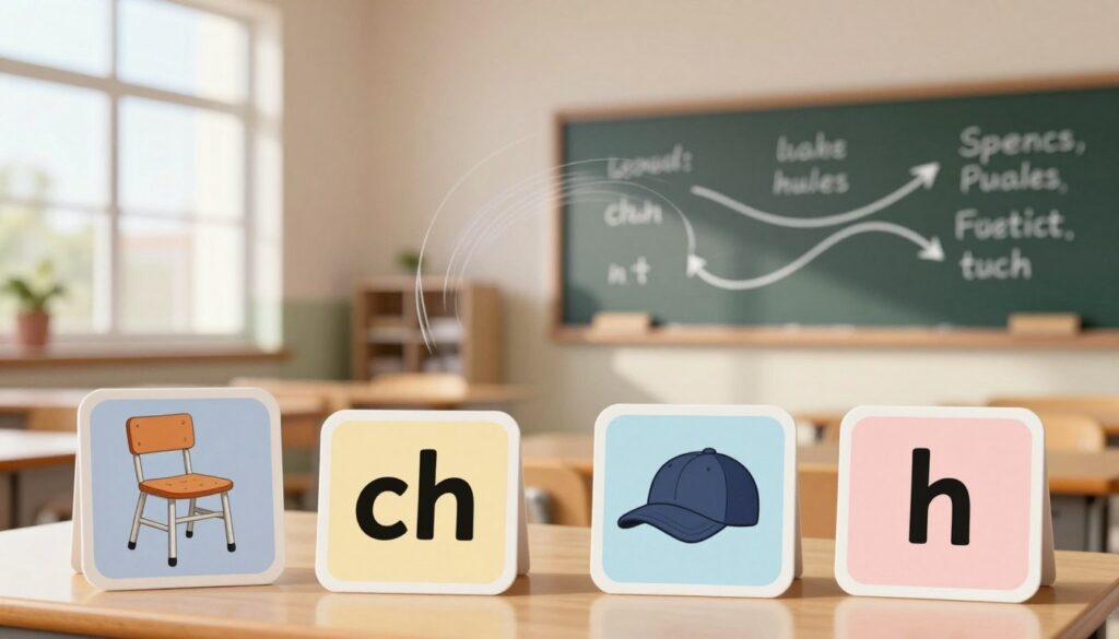 A visually engaging representation of spelling rules, focusing on the distinction between 'ch' and 'h'. In the foreground, display illustrated flashcards showing common words that use 'ch' and 'h', each with corresponding colorful images; for instance, a chair for 'ch' and a hat for 'h'. In the middle, create a swirling chalkboard effect with handwritten notes and arrows indicating rules and guidelines for spelling 'ch' and 'h'. The background should feature a warm, inviting classroom setting, with soft natural lighting filtering through large windows, casting gentle shadows. The overall mood should be educational and inspiring, encouraging understanding and memorization of spelling rules in a fun, engaging way.