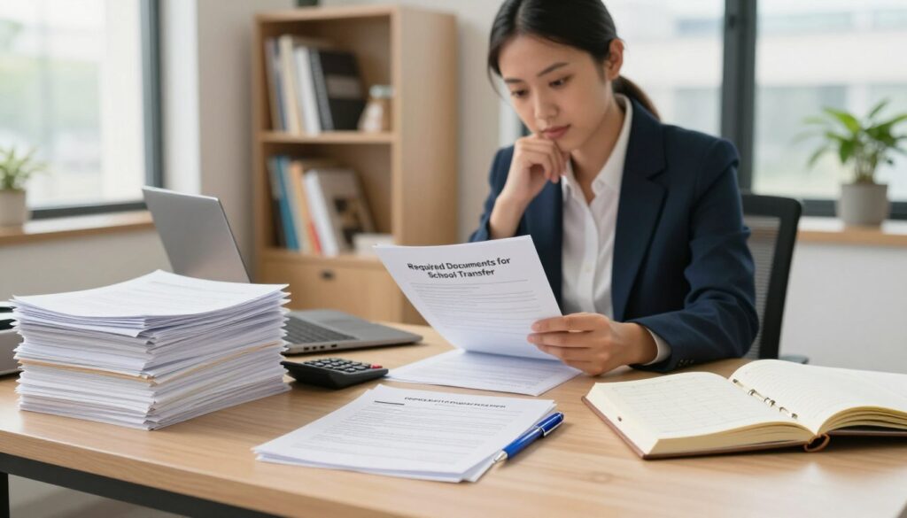 A well-organized desk in a bright, professional office setting, featuring a stack of documents titled "Required Documents for School Transfer" prominently displayed. The foreground includes a neatly arranged set of forms, a blue pen, a calculator, and a personal planner opened to the current month. In the middle, a focused individual in professional attire, a diverse male or female, is reviewing the documents with a thoughtful expression. The background showcases a bookshelf filled with educational resources and a large window allowing soft natural light to pour in, creating an inviting atmosphere. The overall mood is one of diligence and clarity, emphasizing organization and the importance of completing necessary paperwork for a school transfer. The scene should have a subtle depth of field effect to draw attention to the desk area. A well-organized desk in a bright, professional office setting, featuring a stack of documents titled "Required Documents for School Transfer" prominently displayed. The foreground includes a neatly arranged set of forms, a blue pen, a calculator, and a personal planner opened to the current month. In the middle, a focused individual in professional attire, a diverse male or female, is reviewing the documents with a thoughtful expression. The background showcases a bookshelf filled with educational resources and a large window allowing soft natural light to pour in, creating an inviting atmosphere. The overall mood is one of diligence and clarity, emphasizing organization and the importance of completing necessary paperwork for a school transfer. The scene should have a subtle depth of field effect to draw attention to the desk area.