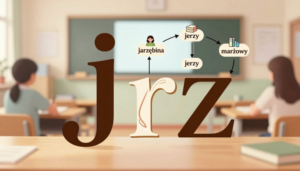 An illustration depicting the concept of "rz" following "j" in Polish, featuring an elegant and educational design. In the foreground, showcase a large, visually striking letter "J" and a stylized "rz" entwined, symbolizing their connection in language, designed with artistic flair. In the middle, include a step-by-step visual flowchart with examples such as "jarzębina," "jerzy," and "marżowy" illustrated around the letters, emphasizing their grammar rules. The background should be a soft, blurred classroom setting, with warm lighting to create a welcoming atmosphere, suggesting a focus on learning. Use a shallow depth of field to draw attention to the foreground elements while keeping the background slightly out of focus. The overall mood should be inspiring and educational. An illustration depicting the concept of "rz" following "j" in Polish, featuring an elegant and educational design. In the foreground, showcase a large, visually striking letter "J" and a stylized "rz" entwined, symbolizing their connection in language, designed with artistic flair. In the middle, include a step-by-step visual flowchart with examples such as "jarzębina," "jerzy," and "marżowy" illustrated around the letters, emphasizing their grammar rules. The background should be a soft, blurred classroom setting, with warm lighting to create a welcoming atmosphere, suggesting a focus on learning. Use a shallow depth of field to draw attention to the foreground elements while keeping the background slightly out of focus. The overall mood should be inspiring and educational.