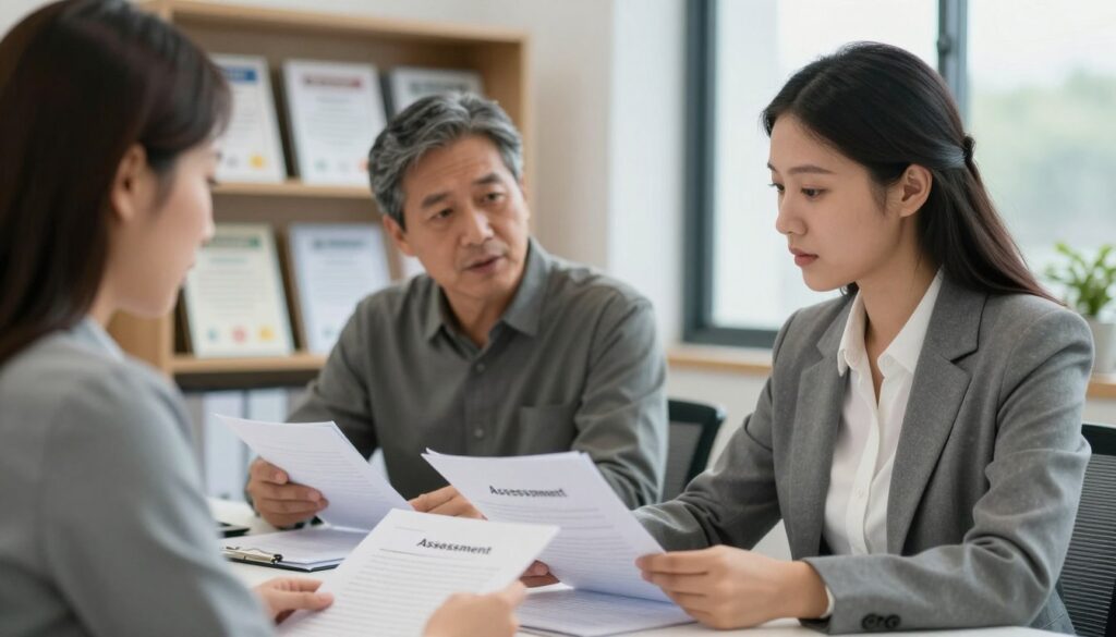 An office scene depicting the process of obtaining an individual educational assessment. In the foreground, a professional woman in business attire is seated at a desk, examining documents with a focused expression. Nearby, a middle-aged man in modest casual clothing is explaining something to her, gesturing towards a folder labeled "Assessment". The middle ground features shelves filled with educational materials and certificates, showcasing a commitment to learning. In the background, a window lets in soft natural light, creating a bright and welcoming atmosphere. The image is framed with a slight depth of field, emphasizing the interaction between the two individuals while remaining focused on the documents in front of them. The overall mood is collaborative and informative, reflecting the serious yet hopeful nature of navigating educational assessments.