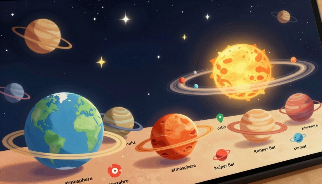 Create an educational illustration representing a glossary of simple concepts related to the Solar System, showing items from "atmosphere" to "Kuiper Belt." In the foreground, depict a variety of planets—Earth, Mars, and Saturn—with their distinctive features and colors, surrounded by vibrant, labeled icons representing key terminology like 'atmosphere,' 'orbit,' and 'comet.' The middle ground should include a sun and asteroid belt, with playful, colorful designs appealing to children aged 6-9. The background should be a starry night sky filled with twinkling stars and planets at different distances, enhancing the cosmic feel. Use soft, warm lighting to create an inviting and educational atmosphere, with a slight tilt from a bird's-eye view to provide depth. No text or branding should be included.