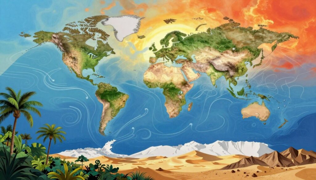 A beautifully layered illustration showcasing the factors shaping climate, featuring a dynamic map of the world. In the foreground, diverse geographic elements are displayed—tropical jungles, arid deserts, and mountain ranges—all representing different climates. The middle ground features flowing ocean currents illustrated with arrows, demonstrating their influence on temperature and weather patterns. In the background, a gradient sky transitions from bright blue to fiery orange, symbolizing the sun's role in climate variation. Soft, realistic lighting casts gentle shadows, enhancing the depth of the landscapes. Use a wide-angle lens perspective to create a sense of expansiveness, inviting viewers to explore the interconnectedness of geography, ocean currents, and climate. The overall mood should evoke curiosity and awe about the complexity of global climates.