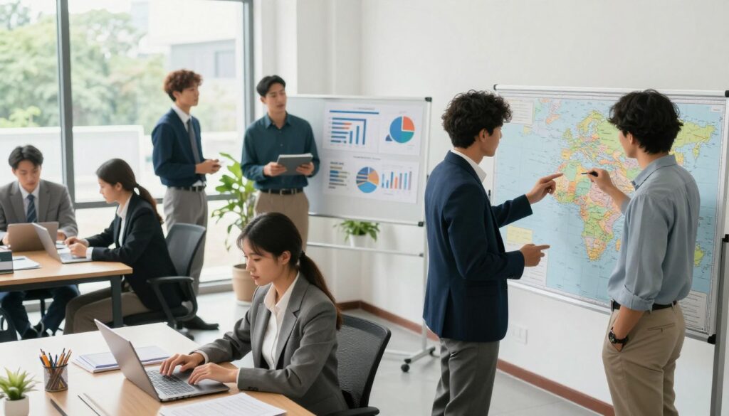 A bright and airy office space bustling with activity, showcasing a diverse group of young professionals in business attire engaged in different career paths. In the foreground, a woman analyzes data on a laptop, while to the right, a man discusses with colleagues over a large map, highlighting opportunities in geography and tourism. In the middle ground, another individual is seen giving a presentation, with charts and graphs in focus, representing sociology and its applications. The background features large windows allowing natural light to pour in, creating an inviting atmosphere with greenery visible outside. The scene conveys a sense of hope, collaboration, and the excitement of new career possibilities, captured from a slightly elevated angle to provide depth.
