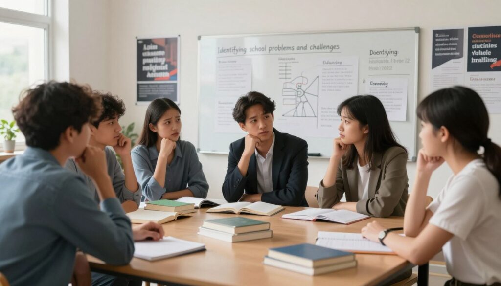 A classroom scene illustrating the theme of "identifying school problems and challenges." In the foreground, a diverse group of students, wearing professional casual attire, engaged in a discussion around a table filled with books and notepads, showcasing expressions of concern and contemplation. In the middle ground, a whiteboard filled with notes and diagrams about common school issues like bullying, stress, and academic pressure. In the background, posters displaying motivational quotes, creating an inspirational learning environment. Soft, natural lighting filters through large windows, casting gentle shadows and giving the space a welcoming yet serious atmosphere. The image captures a moment of reflection and teamwork, emphasizing the importance of collaboration in overcoming educational challenges.
