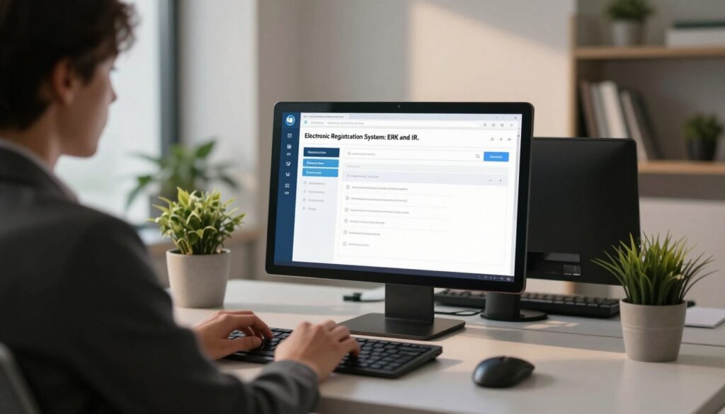 A clean, modern office environment showcasing a computer screen displaying the "Electronic Registration System: ERK and IR." In the foreground, a professional person in business attire is seated at a sleek desk, engaging with a laptop. In the middle, the screen glows softly, revealing a user-friendly interface with sections labeled for student recruitment and digital forms. The background features minimalist decor, including potted plants and a bookshelf, creating a conducive atmosphere for focused work. Soft, warm lighting illuminates the space, casting gentle shadows. A slight depth-of-field effect emphasizes the screen while maintaining clarity in the office context, evoking a mood of professionalism and efficiency. A clean, modern office environment showcasing a computer screen displaying the "Electronic Registration System: ERK and IR." In the foreground, a professional person in business attire is seated at a sleek desk, engaging with a laptop. In the middle, the screen glows softly, revealing a user-friendly interface with sections labeled for student recruitment and digital forms. The background features minimalist decor, including potted plants and a bookshelf, creating a conducive atmosphere for focused work. Soft, warm lighting illuminates the space, casting gentle shadows. A slight depth-of-field effect emphasizes the screen while maintaining clarity in the office context, evoking a mood of professionalism and efficiency.