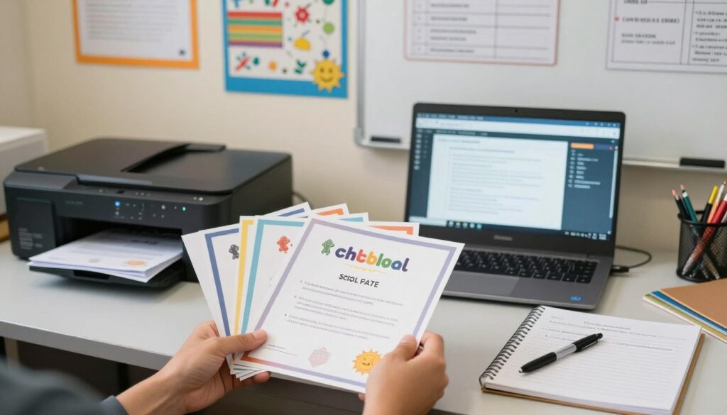 A contemporary school office environment featuring a neatly organized desk with a printer, stacks of printed school documents, and educational materials. In the foreground, a hand gently holds freshly printed, colorful school certificates. The middle ground showcases an open laptop displaying software for document design, alongside pens and a notepad with draft notes. In the background, educational posters and a whiteboard filled with planning notes contribute to the vibrant school atmosphere. The lighting is soft and warm, emulating a productive workspace with a focus on clarity and professionalism. Capture a sense of diligence and innovation in the educational setting, emphasizing the importance of technical specifications in printing school documents, all in a calm and inviting environment. A contemporary school office environment featuring a neatly organized desk with a printer, stacks of printed school documents, and educational materials. In the foreground, a hand gently holds freshly printed, colorful school certificates. The middle ground showcases an open laptop displaying software for document design, alongside pens and a notepad with draft notes. In the background, educational posters and a whiteboard filled with planning notes contribute to the vibrant school atmosphere. The lighting is soft and warm, emulating a productive workspace with a focus on clarity and professionalism. Capture a sense of diligence and innovation in the educational setting, emphasizing the importance of technical specifications in printing school documents, all in a calm and inviting environment.