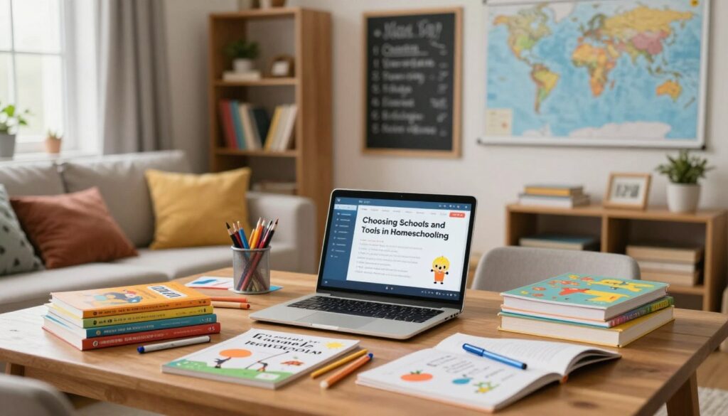 A cozy home education setting that embodies the theme of "Choosing Schools and Tools in Homeschooling". In the foreground, a wooden table is filled with various educational materials: colorful textbooks, a laptop with a digital learning platform open, and art supplies like markers and paper. The middle ground showcases a comfortable reading nook with plush cushions and shelves filled with books. In the background, a well-organized wall features a chalkboard with lesson plans and a map of the world. Soft, warm lighting filters through a window, creating an inviting atmosphere. The scene conveys focus and creativity, perfect for illustrating the concept of selecting the right resources for home education, inspiring a productive and nurturing learning environment.