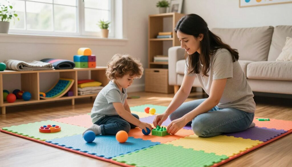 A cozy home setting depicting sensory integration therapy for children. In the foreground, a child and a therapist engage actively, with the child seated on a colorful, textured sensory mat. The child, wearing casual clothing, is exploring various sensory toys like soft balls and textured blocks. In the middle ground, shelves filled with additional sensory tools, such as balancing boards and weighted blankets, create a vibrant atmosphere. The background shows a warm, inviting living room, with natural light streaming through a large window, illuminating the scene with a soft glow. The overall mood is supportive and nurturing, emphasizing the importance of home therapy in sensory integration, showcasing a safe and engaging space for children to learn and explore.