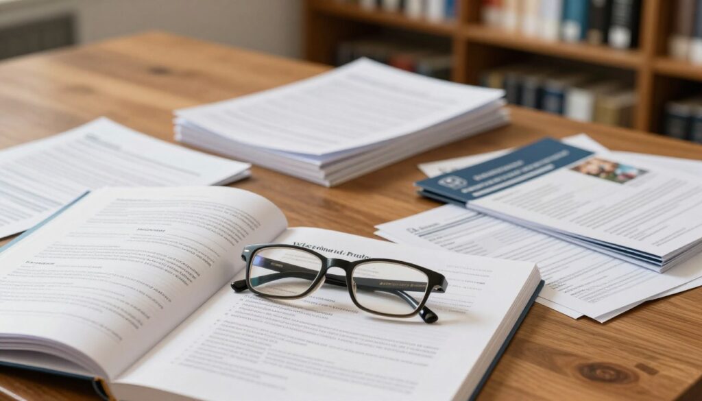 A desk cluttered with postgraduate recruitment documents, including application forms, brochures, and informational leaflets. In the foreground, a pair of professional-looking glasses rests atop an open guidebook detailing enrollment requirements. The middle ground features a polished wooden table, showcasing neatly stacked documentation, illuminated by soft, warm lighting that creates an inviting atmosphere. In the background, a blurred bookshelf filled with academic texts and resources suggests a scholarly environment. The image captures a sense of organization and professionalism, reflecting the serious nature of postgraduate studies. The scene is shot from a slightly elevated angle, allowing for a clear view of the documents and the surrounding space.