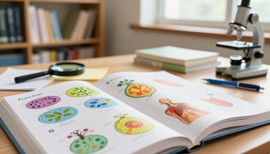 A detailed and vibrant illustration of a biology textbook's thematic scope, featuring an open textbook displaying colorful diagrams of cells, ecosystems, and anatomical structures. In the foreground, a focused view captures the page layout, showcasing clearly labeled images and graphs with rich colors. The middle ground presents scattered educational tools like a magnifying glass, notes, and a microscope. The background features a soft-focus classroom setting with shelves of various biology and science books bathed in natural light from a nearby window, creating an inspiring and academic atmosphere. The mood is engaging and informative, inviting the viewer to delve deeper into the study of biology.