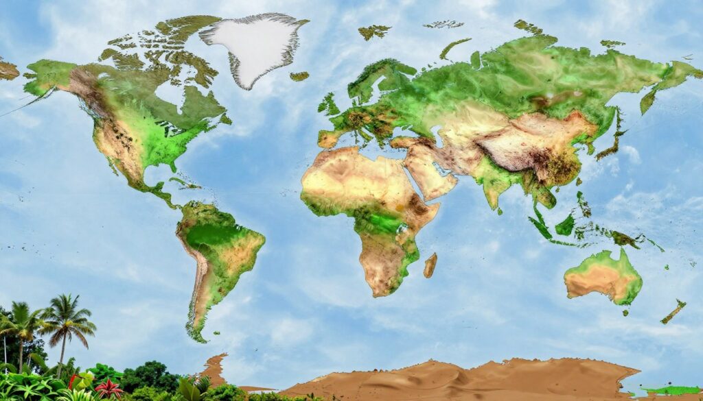 A detailed, colorful world map showcasing climate zones, including tropical, equatorial, and monsoonal regions, prominently highlighted. In the foreground, include diverse vegetation representing different climates, such as lush rainforests for the equatorial zone, arid deserts for the tropical zone, and monsoon clouds above fertile plains. The middle ground features clear demarcations of the climate zones with smooth gradient transitions, illustrating temperature and precipitation changes. In the background, a soft blue sky transitions to vibrant green and warm brown earth tones, evoking a sense of global climatic diversity. Natural lighting bathes the entire scene, emphasizing the vivid colors of the map and the vibrant elements. The mood is informative and engaging, suitable for an educational context, with a focus on the significance of climate zones and their impact on global ecology.