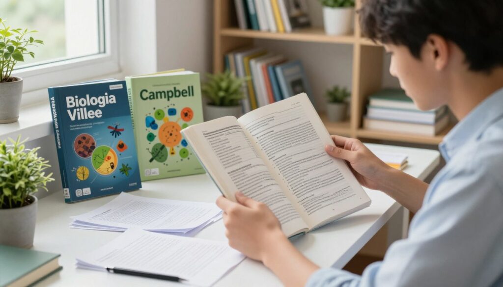 A detailed, engaging scene showcasing a student examining biology textbooks, "Biologia Villee" and "Campbell," in a bright, modern study environment. In the foreground, the student, a young adult in casual yet professional attire, sits at a desk cluttered with notes and open books, analyzing user reviews and comparisons. The middle ground features the textbooks prominently displayed, with colorful diagrams and illustrations visible. In the background, shelves filled with more educational materials and plants create a welcoming atmosphere. Soft, natural lighting from a window illuminates the scene, casting gentle shadows. The mood is reflective and focused, emphasizing the importance of informed choices in education.
