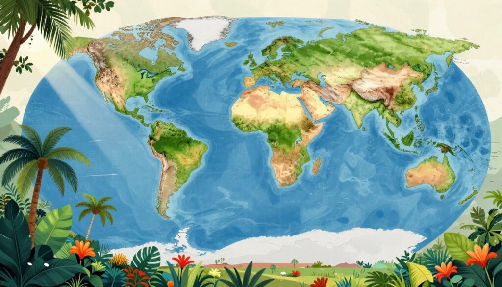 A detailed map of the Earth's major climate zones, featuring vibrant illustrations of the tropical, equatorial, and monsoon climates. In the foreground, showcase lush vegetation typical of tropical rainforests, with large green leaves and colorful flowers. The middle ground displays a gradient transition, depicting varying landscapes—dense jungles merging into open plains, and contrasting dry regions. In the background, illustrate an expansive view of the globe, emphasizing different climate zones with distinct colors: rich greens for tropics, deep blues for oceans, and sandy yellows for arid areas. Use soft, natural lighting to create an inviting atmosphere, with a slight sunbeam filtering through some trees, casting gentle shadows. The overall mood should be educational and inspiring, highlighting the diversity of Earth's climate systems.