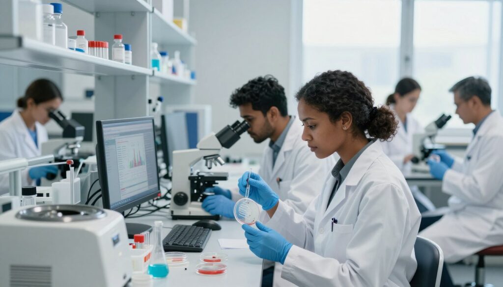A diverse team of forensic biologists in a modern laboratory, engaged in their work analyzing DNA samples and biological evidence. In the foreground, a scientist, a woman of Black descent in a lab coat, examines a petri dish, while another scientist, a South Asian man, looks through a microscope. In the middle ground, a computer screen displays various biological data and graphs, while laboratory equipment like centrifuges and test tubes populate the workspace. The background should feature shelves lined with scientific books and tools, illuminated by bright, natural light coming from large windows. The atmosphere is focused and professional, emphasizing the critical nature of forensic biology work in criminal justice. The lighting is bright and clinical, enhancing the detailed textures of the lab environment.
