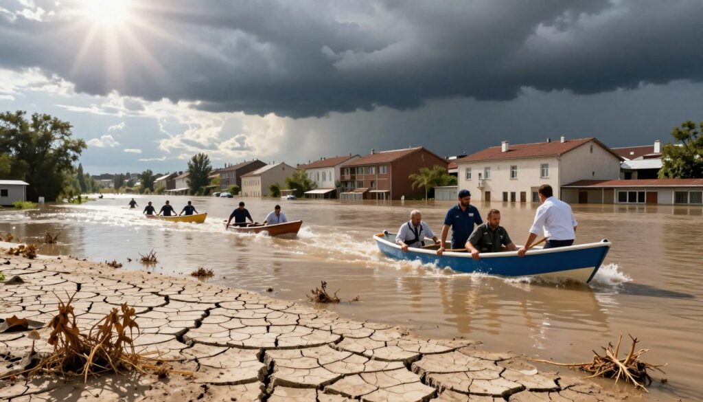 A dramatic scene depicting the consequences of extreme heat and flooding in Europe. In the foreground, a cracked earth landscape under a scorching sun, with dried plants wilting. Middle ground features a flooded urban area, showcasing submerged buildings and streets, while resilient residents in professional attire are navigating the water with determination, using makeshift boats. The background presents a stark contrast with dark storm clouds gathering above, hinting at climate change implications. The lighting is harsh and bright in the foreground, transitioning to darker, ominous shades in the background. The overall mood is one of urgency and resilience against climate challenges, highlighting the pressing issue of climate change on society and the economy.