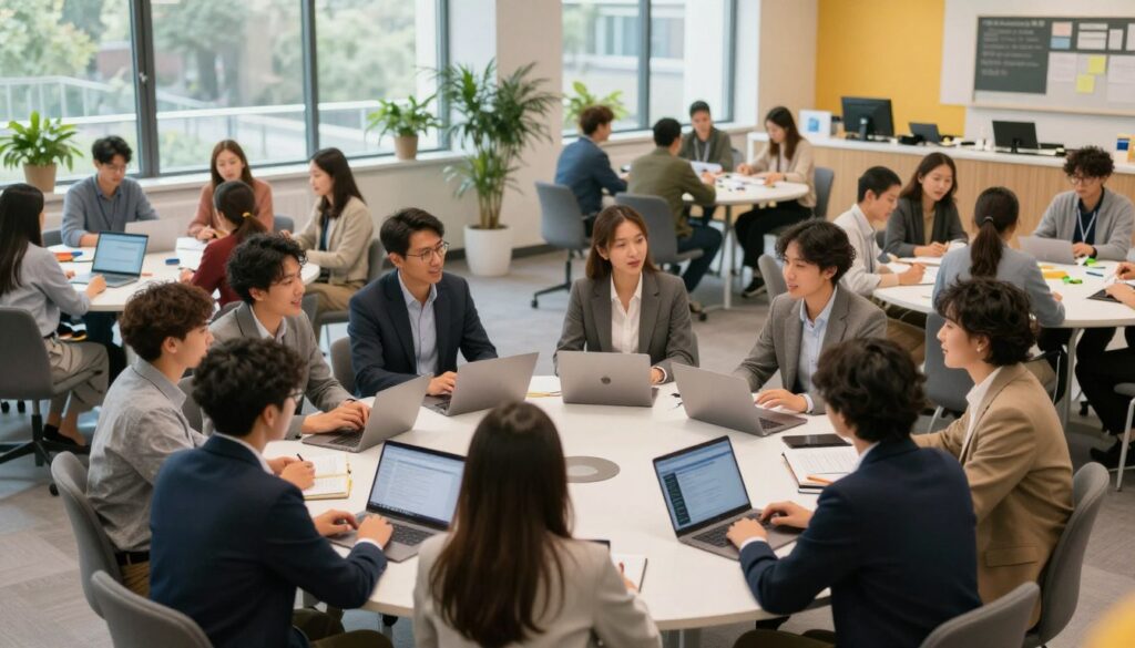 A dynamic and modern educational setting showcasing various teaching methods and the flexibility of postgraduate studies. In the foreground, a diverse group of professional educators in smart business attire, engaged in animated discussions around a large round table, surrounded by laptops and notebooks. In the middle ground, flexible learning spaces with students interacting through different mediums, including digital devices and hands-on activities. The background features large windows with natural light streaming in, illuminating a vibrant environment filled with greenery and study materials. The atmosphere is collaborative and inspiring, emphasizing the interchange of ideas and contemporary learning methods. Soft, warm lighting sets a welcoming tone, while the focus remains on the active engagement and adaptability of teaching approaches.