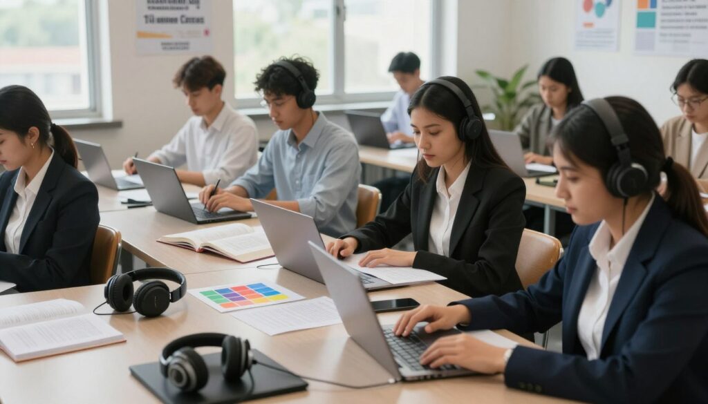 A focused classroom setting showcasing various examples of exam accommodations. In the foreground, a diverse group of students, dressed in professional attire, attentively engages with assistive technologies like laptops and audio devices. The middle ground features a clutter-free desk with open books, exam papers, and aids such as colored overlays and noise-canceling headphones, symbolizing individualized adjustments. In the background, large windows let in soft, natural light, creating a warm and inviting atmosphere. The room is decorated with motivational posters about learning and inclusivity. The composition is shot from a slightly elevated angle, emphasizing collaboration and support, while maintaining a sense of calm and focus throughout the space.