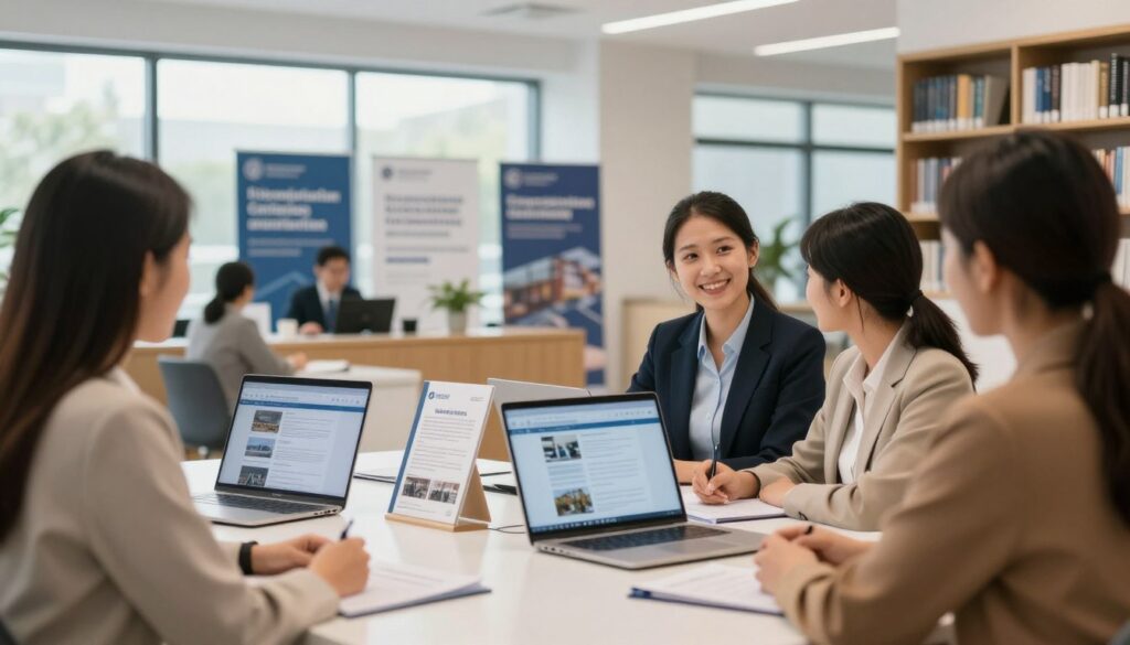 A focused view of a modern university recruitment office for doctoral studies. In the foreground, a diverse group of applicants in professional business attire are engaged with a friendly admissions officer behind a sleek desk. The middle ground features informational brochures and a laptop displaying university programs. The background showcases a bright, welcoming reception area with banners highlighting research opportunities and academic achievements. Soft, diffused lighting creates a warm and inviting atmosphere, while an expansive window allows natural light to pour in, enhancing the sense of openness. A blurred bookshelf filled with academic texts can be seen in one corner, emphasizing the scholarly environment.