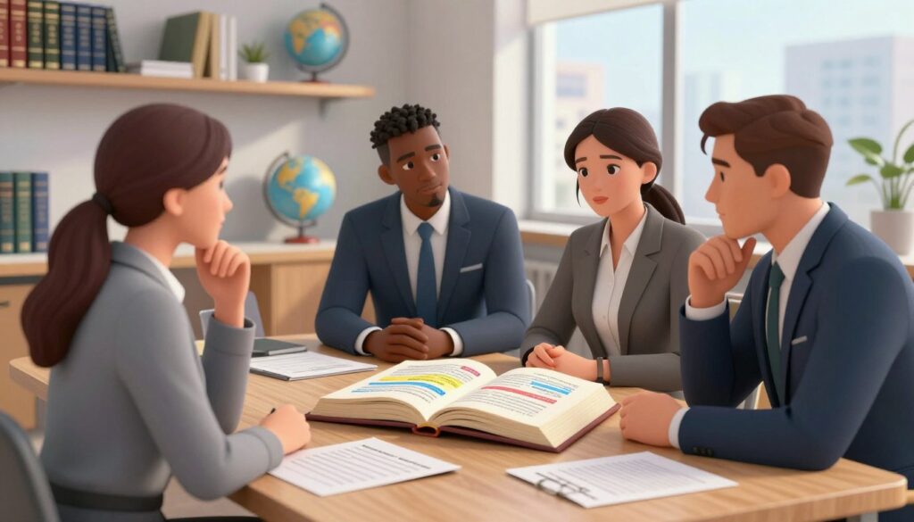 A highly detailed digital illustration depicting the concept of legal regulations for psychologists in Poland. In the foreground, a diverse group of three professional psychologists, dressed in business attire, engages in a discussion. Their expressions show concentration and collaboration. In the middle ground, an open law book with highlighted sections related to psychology regulations lies on a modern wooden table. Surrounding this scene, papers and notes with legal terminology are scattered, suggesting diligent research. In the background, a softly lit office environment features shelves lined with psychology books, a globe, and a window with a view of a cityscape, indicating a vibrant academic atmosphere. The overall mood is professional and inspiring, reflecting the seriousness and dedication required in the psychological profession.