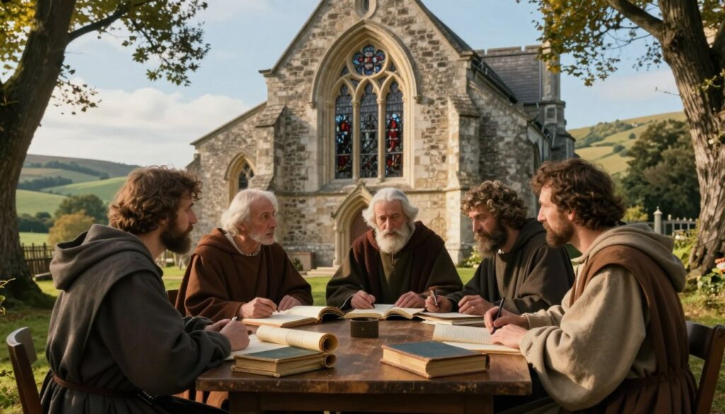 A historic scene illustrating the role of the church in the development of education during the Middle Ages. In the foreground, a group of four scholars in modest, traditional clothing, engaged in animated discussion around a wooden table stacked with ancient scrolls and books. In the middle ground, a stone church with arched windows and intricate stained glass, symbolizing the influence of religion on education. The backdrop features a lush, serene landscape, with rolling hills and a soft blue sky. The lighting is warm and inviting, suggesting late afternoon, with golden rays filtering through the trees. The atmosphere is contemplative and scholarly, evoking a sense of reverence for learning and spiritual guidance.