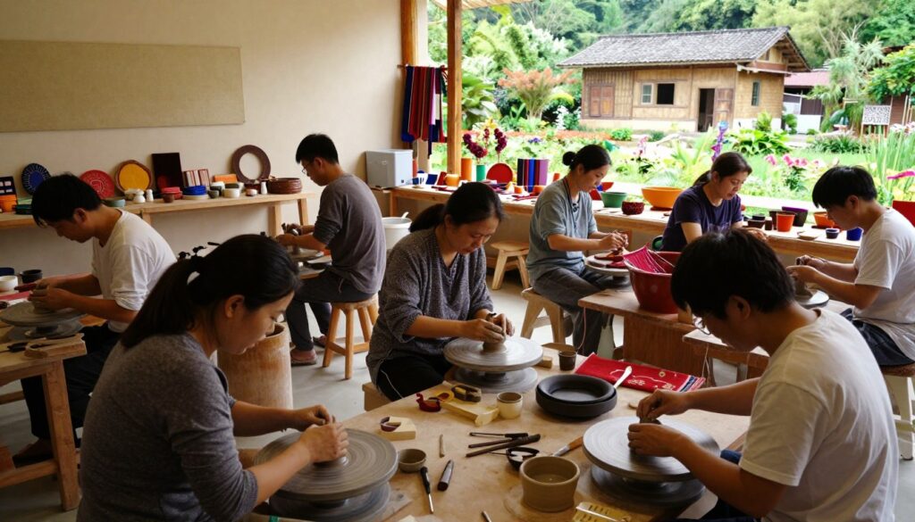 A lively and dynamic scene depicting current trends at a folk university, showcasing a variety of crafts and traditional skills being practiced. In the foreground, a diverse group of adults in modest casual clothing engage in pottery making and textile weaving, radiating a sense of collaboration and community. The middle ground features a warm, inviting workshop filled with colorful handmade items, and tools scattered around, reflecting creativity and craftsmanship. In the background, a picturesque view of a rustic building surrounded by lush greenery and blooming flowers enhances the atmosphere of tradition and learning. Soft, natural lighting casts gentle highlights, creating an inviting ambiance. The angle should be slightly elevated, capturing both the details of the activities and the overall environment in a harmonious composition.