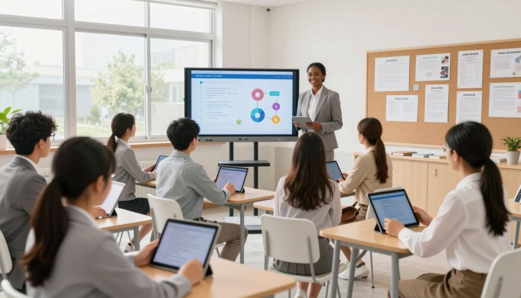 A modern classroom scene illustrating the reforms in education and the modernization of school systems. In the foreground, a diverse group of students, dressed in professional attire, actively engage with digital tablets, showcasing contemporary learning tools. In the middle ground, a teacher of diverse background addresses the class, surrounded by modern educational materials and interactive whiteboards. The classroom features large windows allowing natural light to flood in, creating a bright and welcoming atmosphere. In the background, a bulletin board displays innovative teaching methods and posters of educational guidelines. The overall mood is one of collaboration, enthusiasm, and inspiration, symbolizing the evolution of education. The image should be bright and well-lit, with a warm color palette to convey positivity and progress in education.