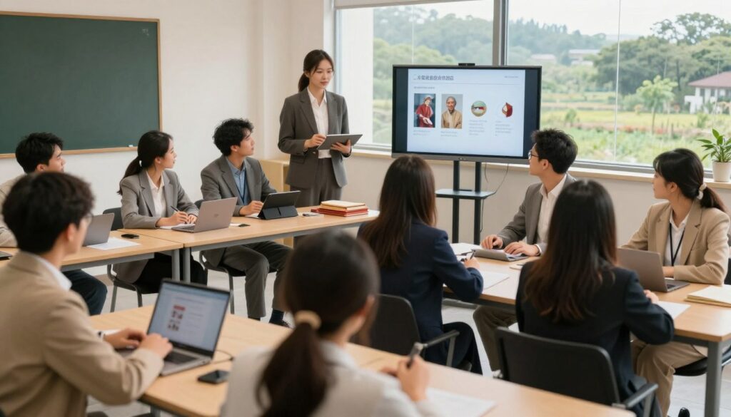 A modern classroom setting demonstrating contemporary educational challenges and innovations. In the foreground, a diverse group of adult students engaged in hands-on learning activities, wearing professional business attire. In the middle, an instructor guiding a workshop, showcasing traditional crafts and modern technology, such as tablets or interactive screens. In the background, a large window revealing a natural landscape, symbolizing connection to nature and tradition. Soft, warm lighting illuminates the scene, creating an inviting atmosphere. Use a slightly elevated angle to capture the collaborative interactions among students, emphasizing engagement and creativity. The mood should be inspiring and progressive, reflecting the spirit of innovation in education.