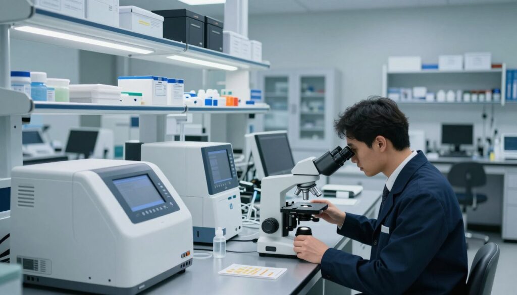 A modern forensic laboratory, vividly showcasing advanced technology and scientific equipment. In the foreground, a professional in business attire meticulously examines evidence under a bright microscope, reflecting a serious focus. The middle ground features various laboratory tools and machines, such as DNA sequencers and analytical instruments, arranged neatly on stainless steel countertops. In the background, shelves filled with labeled evidence boxes line the walls, illuminated by soft, overhead LED lighting that creates a sterile, focused environment. The overall atmosphere conveys professionalism, precision, and the importance of scientific discovery in criminal investigations. The perspective is a slightly elevated angle, capturing the depth and organization of the workspace.