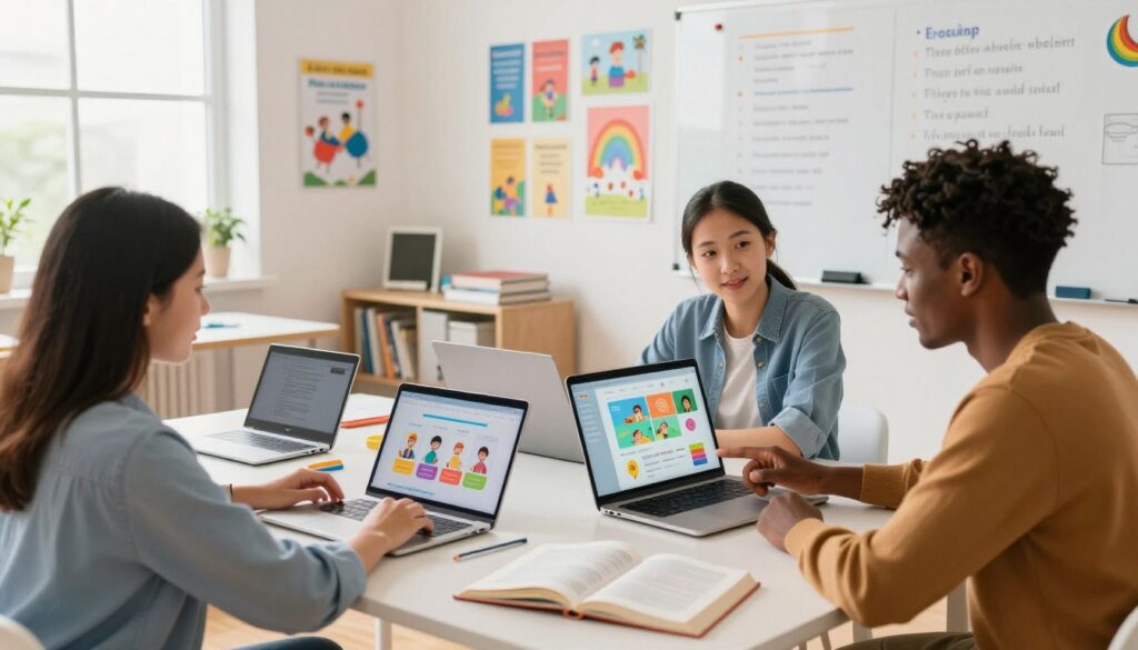 A modern home classroom filled with technology and educational tools, featuring a large desk with laptops, tablets, and open books, representing the support of technology in homeschooling. In the foreground, a diverse group of three individuals, dressed in smart casual attire, engage in a discussion, with one pointing at a laptop screen displaying a colorful, interactive educational platform. In the middle, a wall filled with educational posters and a whiteboard displaying learning goals. In the background, a window with bright natural light streaming in, creating a warm and inviting atmosphere. The scene should be well-lit, showcasing a sense of collaboration and innovation in the home education space, captured from a slightly elevated angle for a dynamic perspective.