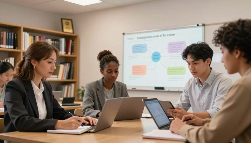 A modern, professional classroom setting featuring a diverse group of adult learners engaged in a postgraduate study session. In the foreground, a middle-aged woman in business attire is taking notes on a laptop, while a young man in a smart casual outfit utilizes a tablet. In the middle, a whiteboard filled with colorful diagrams and study program outlines displays various postgraduate fields of study like business, technology, and arts. The background showcases shelves filled with books and awards, illuminated by warm, soft overhead lighting, creating an inviting atmosphere. The perspective is slightly angled from the side to capture the collaborative spirit of the group, emphasizing an atmosphere of learning and ambition.
