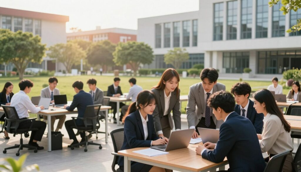 A modern university campus setting illustrating the concept of internships and practical training during studies. In the foreground, a diverse group of students in professional business attire are engaged in a collaborative discussion over a laptop, showcasing teamwork. The middle area features an office-like environment with desks and laptops, symbolizing a vibrant workplace atmosphere. In the background, greenery and modern university buildings add a sense of a conducive learning environment. Soft afternoon sunlight filters through large windows, casting a warm glow over the scene. The mood is inspiring and professional, reflecting the importance of practical experiences in education, emphasizing growth and collaboration. High resolution, vibrant colors, with a wide-angle perspective to capture the entire setting.