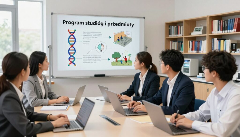 A modern university classroom setting focusing on "Program studiów i przedmioty" for the field of forensic biology. In the foreground, a group of diverse students, both male and female, are seated at tables, engaging in discussion, with notebooks and laptops open. They are dressed in professional business attire. In the middle ground, a large whiteboard displays diagrams related to forensic biology and criminalistics, including DNA analysis and crime scene investigation techniques. The background features shelves filled with textbooks and scientific equipment. Natural light streams in through windows, creating a bright and inviting atmosphere. The overall mood is focused and intellectually stimulating, capturing the essence of academic pursuit in the field of forensic studies.