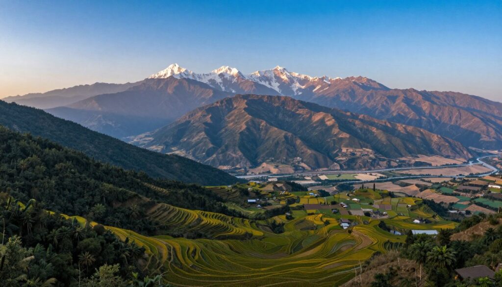 A panoramic view of Asia's diverse geographical terrain illustrated with lush forests, towering mountain ranges, and expansive plains. In the foreground, depict a vibrant rice terrace cascading down a hillside under clear blue skies. The middle ground showcases the intricate high peaks of the Himalayas with snow-capped summits, transitioning into rolling hills and gentle valleys. In the background, subtle hints of the surrounding deserts and river systems can be seen, creating a rich tapestry of ecology. The lighting is soft and warm, suggesting either dawn or dusk, to evoke a serene and natural atmosphere. Use a wide-angle lens perspective to enhance the vastness of the landscape, capturing the breathtaking contrasts of climates across the diverse regions of Asia.