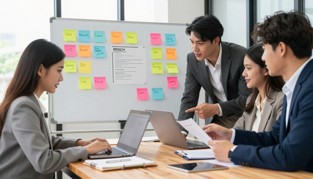 A professional and modern workspace featuring a diverse group of job seekers actively engaged in a collaborative job search strategy session. In the foreground, a young woman in business casual attire is researching on a laptop, with a notepad beside her filled with notes and ideas. Nearby, a man in a smart suit discusses job applications with a woman in professional attire, pointing at a document. In the middle background, a large whiteboard displays colorful post-it notes representing various job search strategies and tools, like networking, online job boards, and resume building. The atmosphere is vibrant and focused, with soft, natural lighting coming from large windows, highlighting the motivation in their expressions. The image conveys a sense of teamwork and determination in exploring career opportunities.