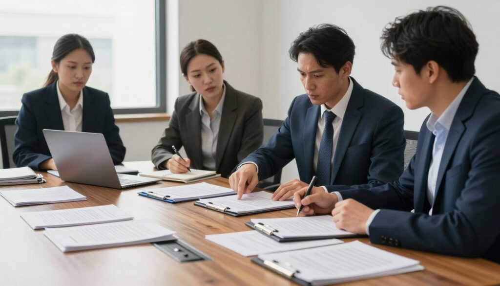 A professional office setting with a wooden conference table at the forefront, covered with neatly organized legal documents, binders, and a laptop displaying case files. In the middle ground, a diverse group of three individuals in professional business attire are engaged in focused discussion, with one person pointing at a document while others take notes. The background features a large window with natural light streaming in, illuminating the space and casting soft shadows. The atmosphere is serious yet collaborative, conveying a sense of urgency and organization. The overall color palette is warm with rich wood tones and soft blues, promoting a feeling of professionalism and focus.