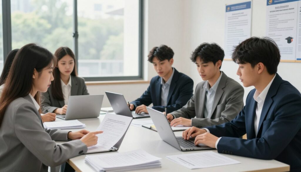 A professional setting featuring a group of diverse students, all dressed in smart business attire, engaged in a collaborative discussion around a large table stacked with papers and laptops. The foreground shows a young woman pointing at a document, while the middle shows a young man taking notes, and another student studying a laptop screen. In the background, a large window allows natural light to flood the room, casting soft shadows and creating an inviting atmosphere. The walls are adorned with educational posters about graduation requirements. A calm, focused mood permeates the scene, representing the seriousness and importance of submitting graduation declarations. The image should be well-lit, emphasizing clarity and engagement between the subjects, with a wide-angle view to capture the collaborative spirit of this pivotal moment in their academic journey. A professional setting featuring a group of diverse students, all dressed in smart business attire, engaged in a collaborative discussion around a large table stacked with papers and laptops. The foreground shows a young woman pointing at a document, while the middle shows a young man taking notes, and another student studying a laptop screen. In the background, a large window allows natural light to flood the room, casting soft shadows and creating an inviting atmosphere. The walls are adorned with educational posters about graduation requirements. A calm, focused mood permeates the scene, representing the seriousness and importance of submitting graduation declarations. The image should be well-lit, emphasizing clarity and engagement between the subjects, with a wide-angle view to capture the collaborative spirit of this pivotal moment in their academic journey.