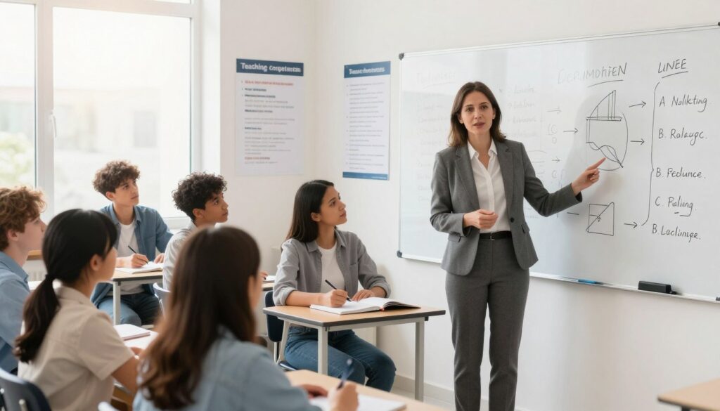 A professional teacher in a modern classroom, standing confidently in front of a whiteboard filled with educational diagrams and notes. The foreground features the teacher, a middle-aged woman wearing professional business attire, actively engaging students. In the middle ground, diverse students, focused and taking notes, represent various ages and backgrounds, showcasing teamwork and collaboration. The background includes educational posters about teaching competencies and specializations, with soft sunlight filtering through large windows, creating a warm and inviting atmosphere. The image is crisp and clear, capturing a moment of interaction that embodies dedication and professionalism in teaching. The mood is inspiring and encouraging, reflecting the journey to becoming a competent educator. A professional teacher in a modern classroom, standing confidently in front of a whiteboard filled with educational diagrams and notes. The foreground features the teacher, a middle-aged woman wearing professional business attire, actively engaging students. In the middle ground, diverse students, focused and taking notes, represent various ages and backgrounds, showcasing teamwork and collaboration. The background includes educational posters about teaching competencies and specializations, with soft sunlight filtering through large windows, creating a warm and inviting atmosphere. The image is crisp and clear, capturing a moment of interaction that embodies dedication and professionalism in teaching. The mood is inspiring and encouraging, reflecting the journey to becoming a competent educator.