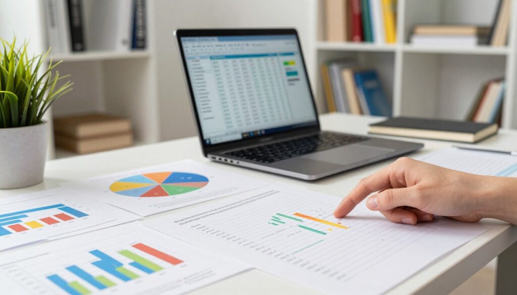 A professional workspace featuring a large desk filled with colorful charts and graphs representing analysis of eighth-grade exam results categorized by subjects. In the foreground, a close-up view of a hand pointing at a detailed chart, highlighting the performance in subjects like Mathematics, Polish, and English. In the middle, a laptop displaying an open spreadsheet, with data visualizations and statistics. The background shows a well-organized bookshelf filled with educational materials and a potted plant for a touch of greenery. Soft, natural lighting illuminates the scene, creating a calm and focused atmosphere. The angle captures the action of analyzing results, emphasizing diligence and professionalism in the educational field. A professional workspace featuring a large desk filled with colorful charts and graphs representing analysis of eighth-grade exam results categorized by subjects. In the foreground, a close-up view of a hand pointing at a detailed chart, highlighting the performance in subjects like Mathematics, Polish, and English. In the middle, a laptop displaying an open spreadsheet, with data visualizations and statistics. The background shows a well-organized bookshelf filled with educational materials and a potted plant for a touch of greenery. Soft, natural lighting illuminates the scene, creating a calm and focused atmosphere. The angle captures the action of analyzing results, emphasizing diligence and professionalism in the educational field.