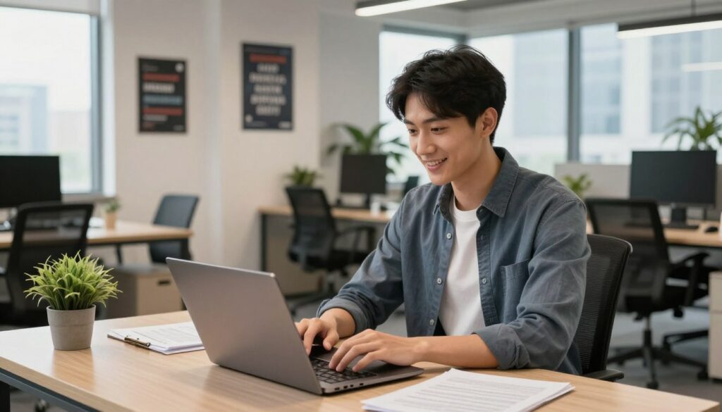 A recent graduate at their first job, sitting at a modern desk in a well-lit office environment. The foreground features a young professional in smart casual attire, actively typing on a laptop and surrounded by documents and a plant. In the middle ground, a sleek office setup with a contemporary design, organized workspace, and motivational posters on the walls. The background includes large windows letting in natural light, showcasing a city skyline. The atmosphere is one of determination and excitement, with warm, inviting lighting illuminating the scene. The camera angle is slightly elevated, capturing the individual’s focused expression while maintaining a clear view of the office surroundings, evoking a sense of new challenges and responsibilities in the professional world.