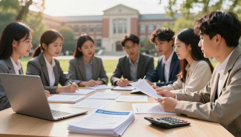 A scene depicting a college recruitment setting focused on application fees and financial matters. In the foreground, a neatly organized desk with a laptop, stack of university brochures, and a calculator, representing practical aspects of the recruitment process. In the middle ground, a diverse group of young adults in professional business attire, engaged in discussion, surrounded by financial documents and application forms. In the background, a sunny university campus with historical architecture, symbolizing academic opportunities. The lighting is warm and inviting, suggesting a hopeful atmosphere, while a shallow depth of field draws attention to the focused expressions of the students. The overall mood is one of determination and aspiration, emphasizing the importance of understanding recruitment fees for prospective students.