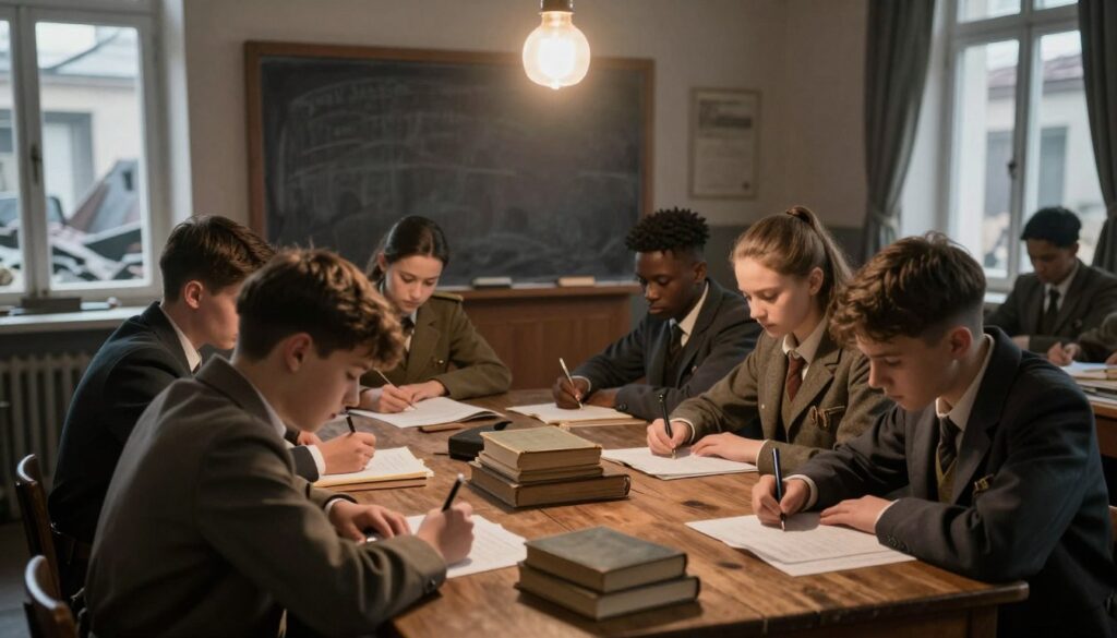A secretive classroom setup during World War II, showcasing a clandestine education scene. In the foreground, a group of diverse students, dressed in modest clothing, huddled around a wooden table with books and papers spread out. Each student focused intently on their studies, embodying determination. The middle ground features an old-fashioned chalkboard, dimly lit by a single overhead bulb, casting soft shadows that enhance the atmosphere of secrecy. In the background, partially drawn curtains reveal an outside glimpse of a war-torn street, hinting at the dangers beyond. The overall mood is somber yet resilient, reflecting the struggle for knowledge during turbulent times. Use soft natural lighting to convey an intimate, emotionally charged ambiance.