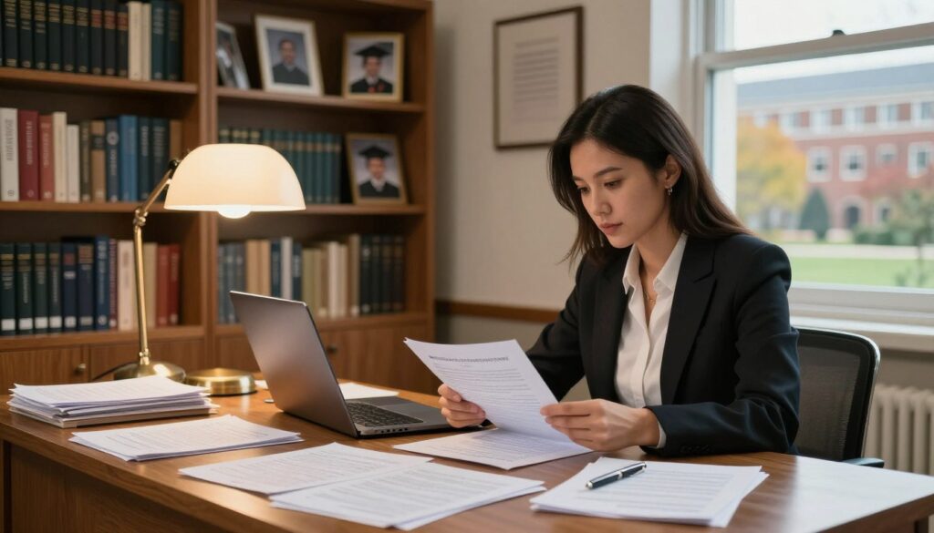A serene and inviting university office space, featuring a large wooden desk covered with neatly arranged academic papers, a laptop, and an elegant pen. In the background, shelves lined with books on academia and research, alongside framed photographs of successful graduates. Soft, warm lighting from a desk lamp creates a cozy atmosphere. In the foreground, a professional woman in business attire, thoughtfully analyzing documents about doctoral funding and scholarship opportunities, a focused expression on her face. The window reveals a peaceful campus view outside, with hints of autumn foliage. The scene evokes a sense of ambition, productivity, and support for higher education.